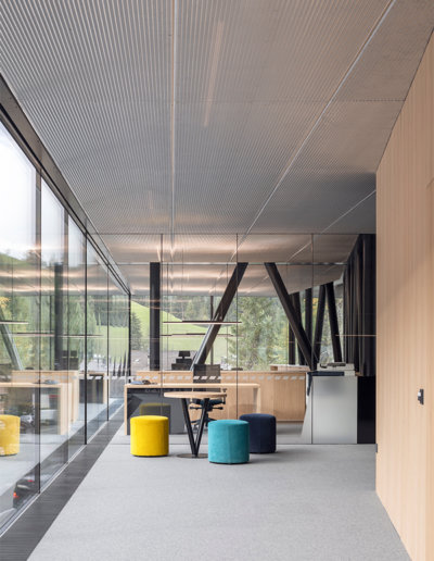 Naturtöne im Büro und außerhalb: freie Sicht dank Glastrennwänden und bodentiefen Fenstern